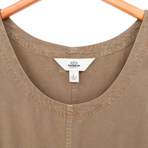 Amy K Su AKS Tencel Pinafore Jumper Maxi Buttoned Pockets Brown Dress L - Picture 3 of 4